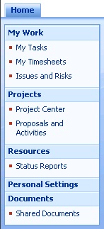 The Quick Launch task bar is your navigation center, taking you to all the areas of Project Web Access.