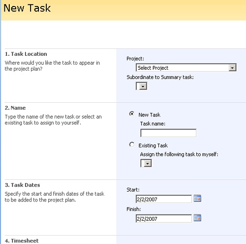 Use the New Task page to assign yourself to an existing task or to propose a new task in one of your projects.