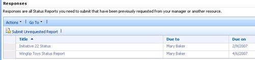 The table on the Status Reports page shows all status reports for your various projects, which project manager receives them, and when the next one is due.