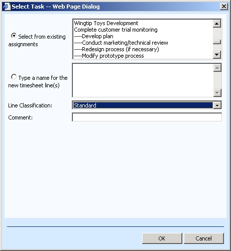 Specify whether you want to add a timesheet line from an existing assignment or create an entirely new line.