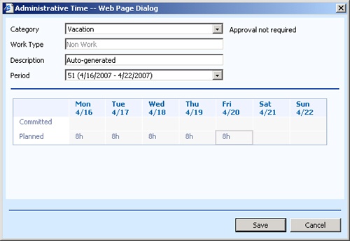 Identify vacation, sick time, or nonproject working time in the Administrative Time dialog box.