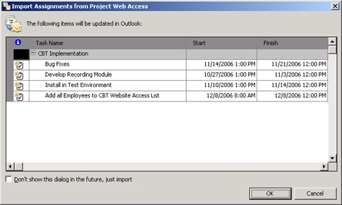 Review the assignments that will be imported from Project Web Access into Outlook.