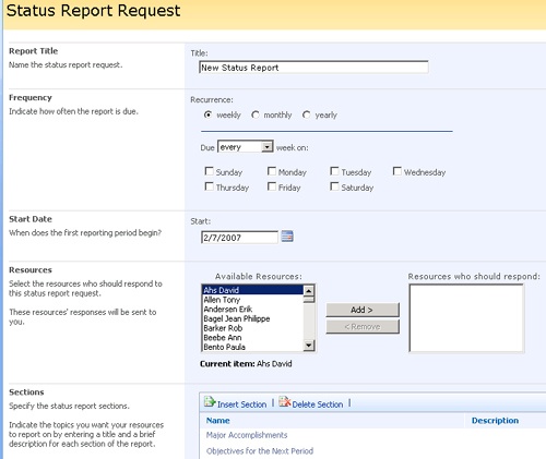 Use the Status Report Request page to design a narrative periodic status report.