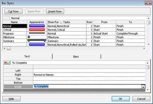 You can display project information to the left, right, top, bottom, and inside of Gantt bars by specifying fields to display as text.