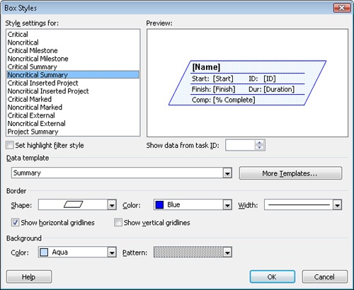 You can customize the appearance of a network diagram box as well as specify what task information appears inside each box.