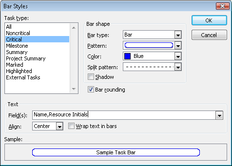 Use the Bar Styles dialog box for the Calendar view to specify bar formatting and field content for various types of Calendar bars.