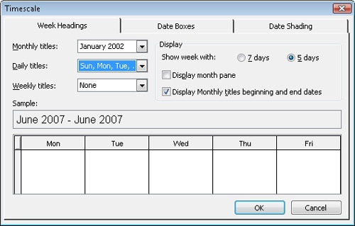 Use the Timescale dialog box for the Calendar view to specify the Calendar timescale’s appearance.