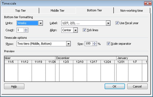 Customize the time periods that appear in a Gantt Chart, Task Usage, or Resource Graph view.