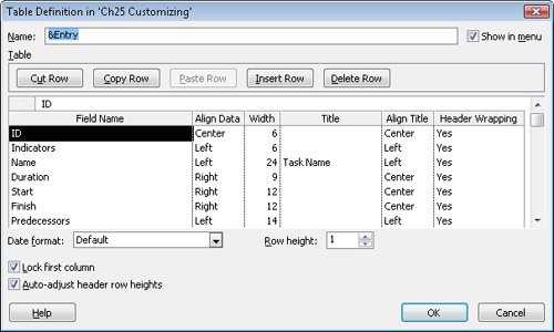 Use the Table Definition dialog box to customize the columns for a table.