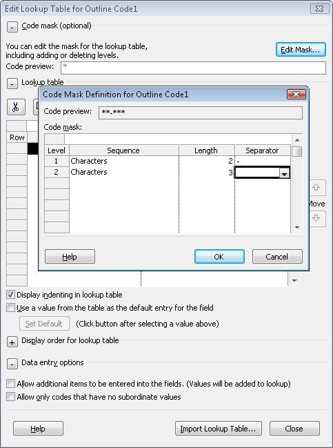 Open the Code Mask Definition dialog box to define the format of each component of an outline code.