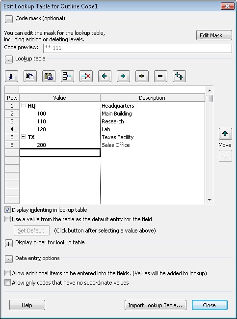 Define values in a lookup table to simplify outline code data entry.