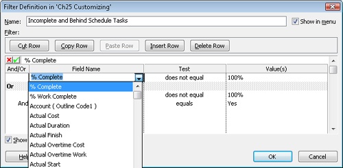 Modify the fields, tests, and values for a filter to display only the tasks that meet your criteria.