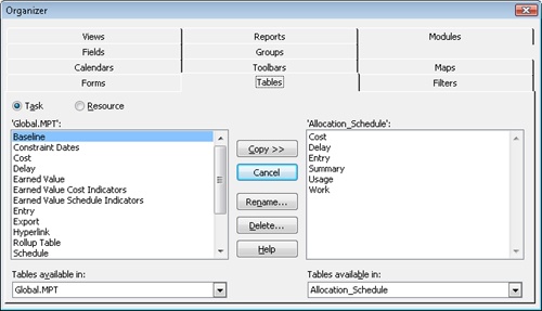 Copy customized elements between projects and templates, or rename and delete existing elements.