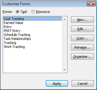 Use the Customize Forms dialog box to edit an existing form or create a new one.