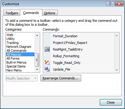 Open the Customize dialog box to choose a macro to add as a toolbar button.