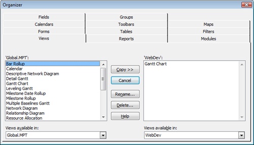 Use the Organizer to copy customized elements to the project global template and make those elements available to other projects.