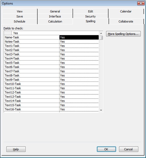 The settings on the Spelling tab apply to your spelling checker options in Microsoft Project in general. Changes here update the project global file.