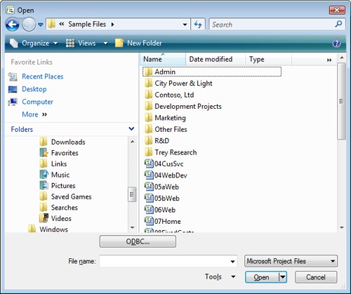 The Open dialog box shows the list of available project files in the selected location.