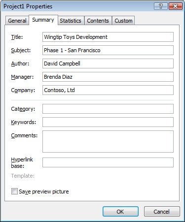 Information you add to the Properties dialog box can be used in reports and searches.