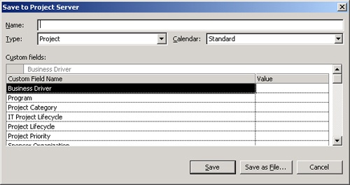 The Save To Project Server dialog box enables you to save project plans in the enterprise environment.