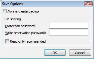 Use the Save Options dialog box to set up file backups and passwords.