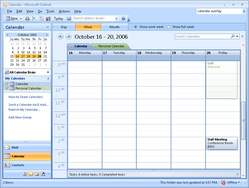 Use calendar overlay to view multiple calendars in a combined view.