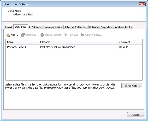 Use the Data Files tab to locate the existing .pst file.