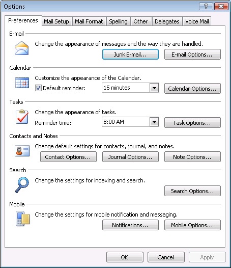 Use the Preferences tab in the Options dialog box to configure a broad range of general options.