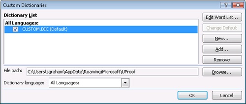 Add dictionaries using the Custom Dictionaries dialog box.