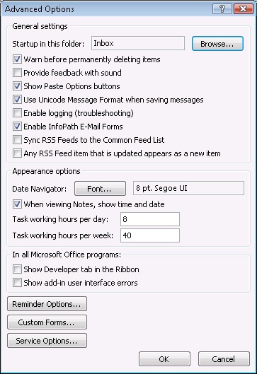 The Advanced Options dialog box controls several advanced features.