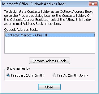 Select the display option for Outlook Address Book entries in the Microsoft Outlook Address Book dialog box.