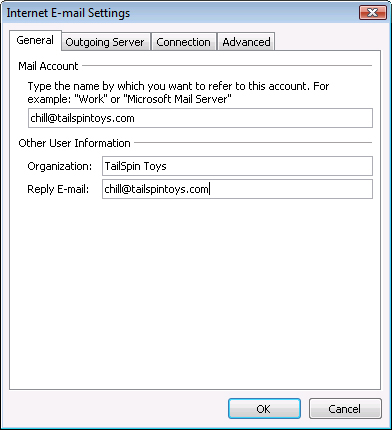 Use the General tab to specify the account name, organization, and reply e-mail details.