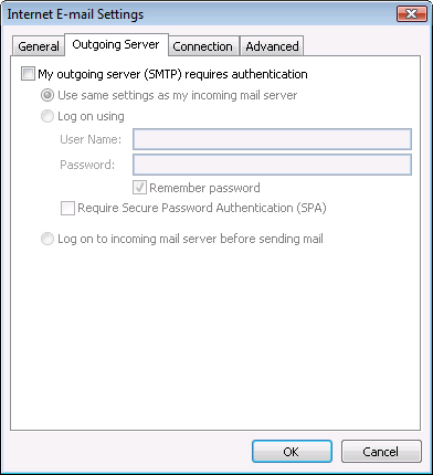 Use the Outgoing Server tab to configure authentication and other options for your SMTP server.