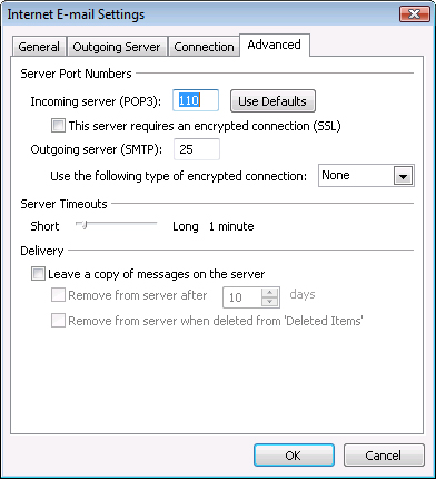 Use the Advanced tab to specify nonstandard TCP ports for the server.