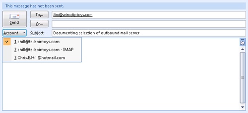 Select the account from which you want to send the message by using the Account button in the message form.