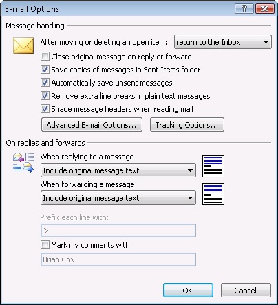 You can set options for message replies and forwarded messages in the E-Mail Options dialog box.