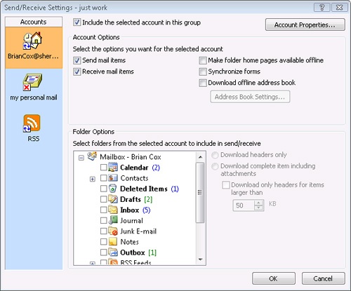 You can configure account processing in the Send/Receive Settings dialog box.