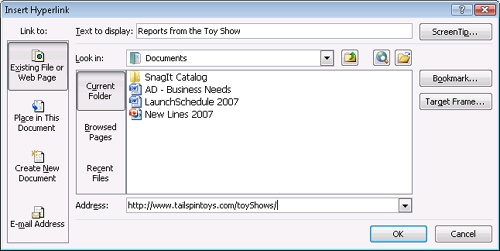 Use the Insert Hyperlink dialog box to insert a hyperlink and configure link settings.