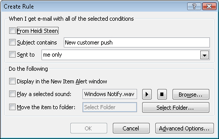 Use the Create Rule dialog box to specify basic rule conditions and actions.