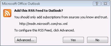 A verification is requested, with an Advanced option for additional control over the RSS feed.