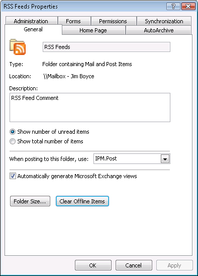 The General tab of the RSS Feeds Properties dialog box enables setting RSS folder properties.