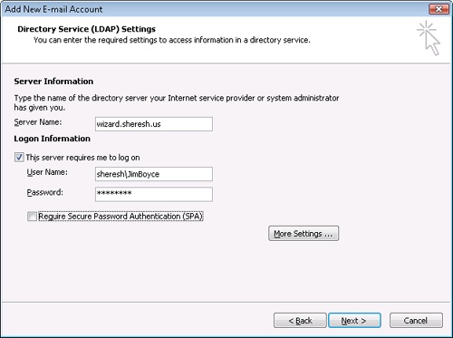 Specify the server name, and supply logon credentials if the server requires authentication.