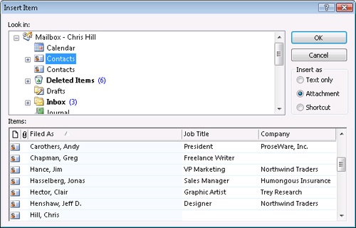 Use the Insert Item dialog box to associate contacts with a task.