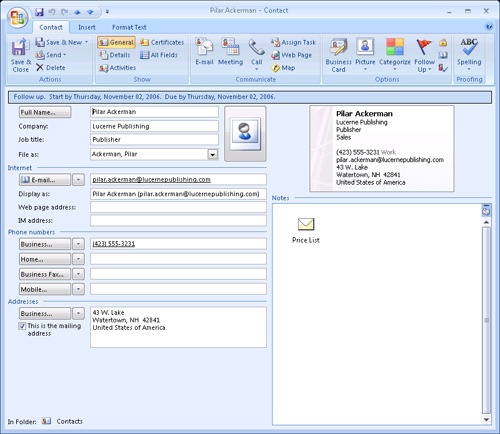 Outlook 2007 displays a message on the contact form indicating that a follow-up is needed for the contact.