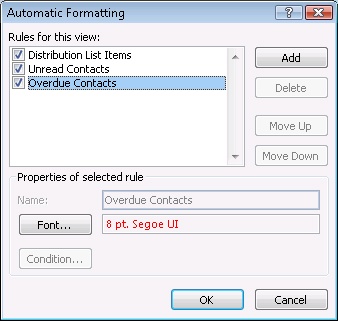 Use the Automatic Formatting dialog box to create custom rules that control how Outlook 2007 displays contacts.