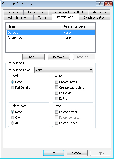 Configure permissions on the Permissions tab.