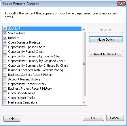 You can add or remove content from the default Business Content Manager pages.