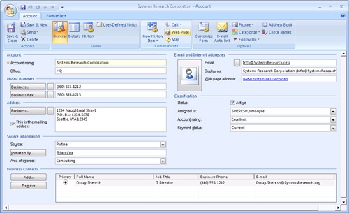 Use the General page to set account name, primary contact, and other general fields.