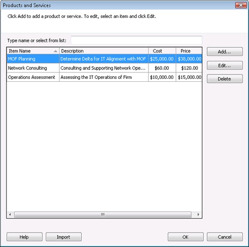 Use the Products And Services dialog box to add or modify products in the database.