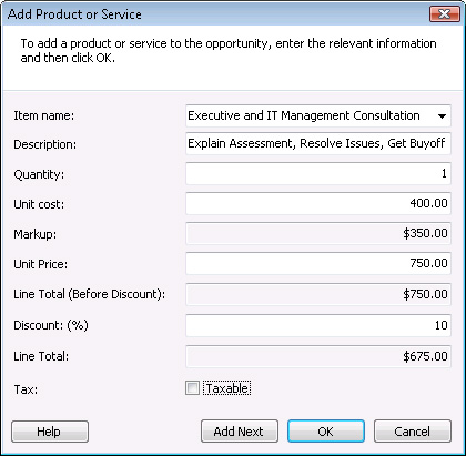 Add a product, set quantity, line total, and other items with the Add Product Or Service dialog box.